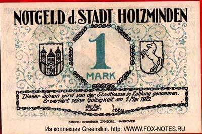 Notgeld der Stadt Holzminden. 1921.Gültig bis 1.5.1922 1 Mark