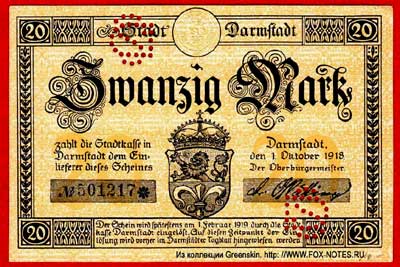 Stadtkasse Darmstadt 20 Mark 1918 Notgeld
