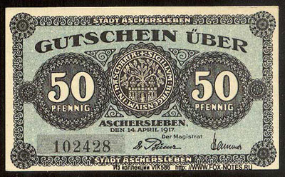 Stadts Aschersleben Gutschein. 14. April 1917. 50 pfennig