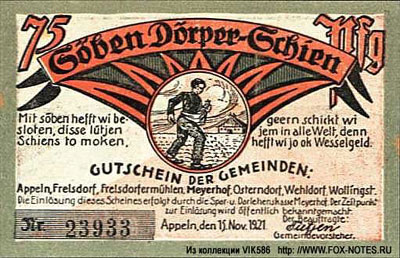 Gemeinden Appeln 75 pfennig 1921