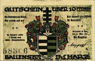 Stadt Ballenstedt Gutschein 10 pfennig 1921