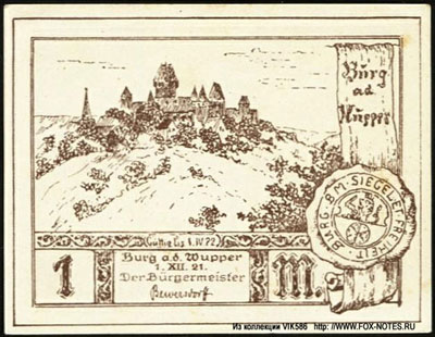 Stadt Burg an der Wupper Gutschein 1.12.1921 Gültig 1.4.1922