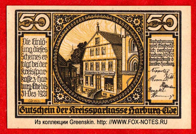 50 pfennig Gutschein der Kreissparkasse Harburg-Elbe. 31. Dezember 1921