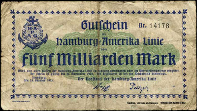 Hamburg-Amerika Linie. HAPAG. 5 milliarden mark 1923