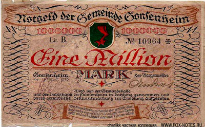Notgeld der Gemeinde Gonsenheim. 17. August 1923. 1000000 Mark