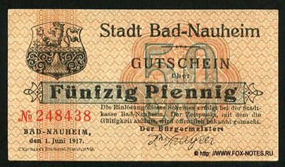 Stadt Bad Nauheim Gutschein 50 pfennig 1917