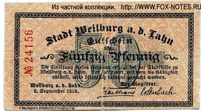 Stadt Stadt Weilburg a.d. Lahn 50 pfennig 1918 NOTGELD