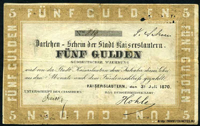 Darlehen-Schein der Stadt Kaiserslautern. 1870. 5 гульденов