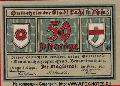 Stadt Lage i. Lippe Gutschein 50fennig 1921 Notgeld