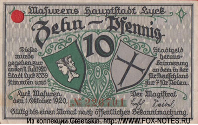 Masurens Haupstadt Lyck 10 Pfennig 1920 notgeld