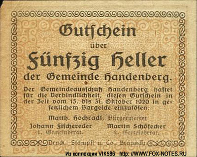 Gemeinde Handenberg 50 heller notgeld