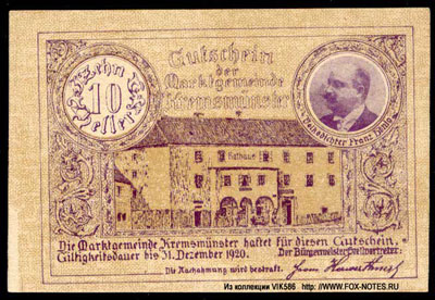 Marktgemeinde Kremsmünster Gutschein. Gültig bis 31. Dezember 1920.
