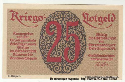 Stadtgemeinde Geislingen Kriegs-Notgeld 25 pfennig 1918