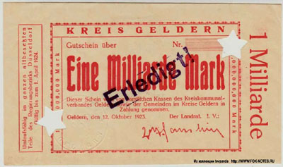 Kreis Geldern Gutschein. 12.Oktober 1923