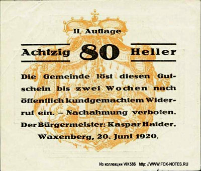 Gemeinde Waxenberg 80 heller notgeld