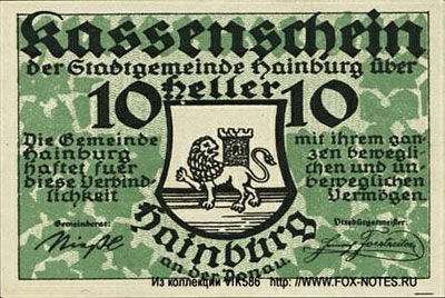Stadtgemeinde Hainburg Kassenschein 10 heller notgeld 1920
