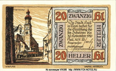 Gemeinde Hall in Tirol 20 heller notgeld