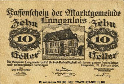 Marktgemeinde Langenlois Kassenschein 10 heller notgeld