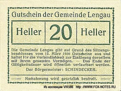 Gemeinde Lengau 20 heller notgeld