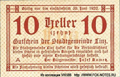 Stadtgemeinde Linz 10 heller notgeld 1920