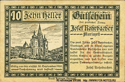 Firma Josef Rohrbacher, Mariazell 10 Heller Notgeld
