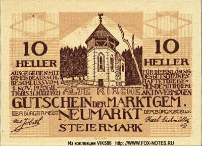 Notgeld Österreich Marktgemeinde Neumarkt in Steiermark 10 heller