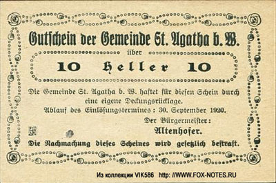 Gemeinde Sankt Agatha Gutschein. 11.07.1920 NOTGELD 10 Heller