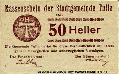 Notgeld Österreich 50 heller Stadtgemeinde Tulln