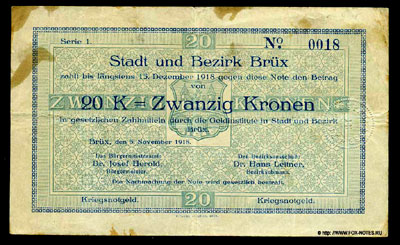 Stadt und Bezirk Brüx Note 20 Kronen 1918