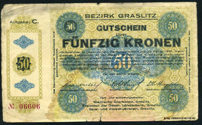 Bezirk Graslitz Gutschein 50 kronen 1918 notgeld