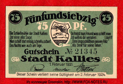 Stadt Kallies 75 pfennig 1921 notgeld