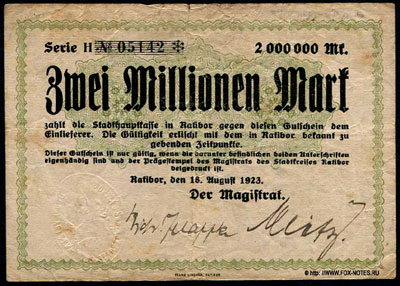 Stadtgauptkasse Ratibor 2000000 Mark 1923 notgeld