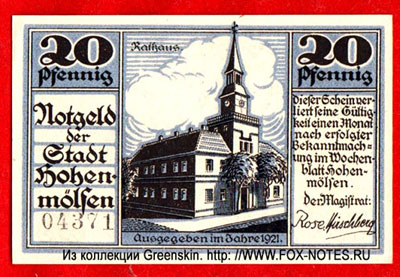 Notgeld der Stadtt Hohenmölsen. 1921.  20 Pfennig.