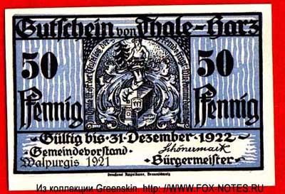Gutschein von Stadt Thale a. Harz. 1. Januari 1921. Gültig bis 31. Dezember 1922. 50 Pfennig notgeld