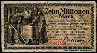 Verein der Bergwerke am linken Niederrhein e.V. 10 millionen mark 1923 notgeld