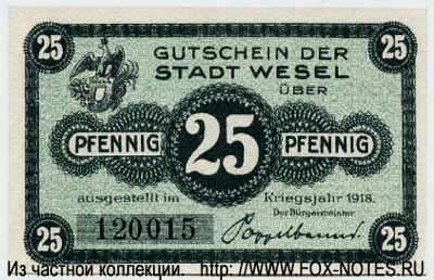 Stadt Wesel Gutschein. 1918. 25 pfennig