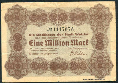 Stadtkasse der Stadt Wetzlar 1000000 Mark 1923 notgeld