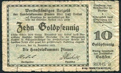 Handelskammer Plauen Wertbeständiges Notgeld. 12. November 1923. 10 goldpfennig.