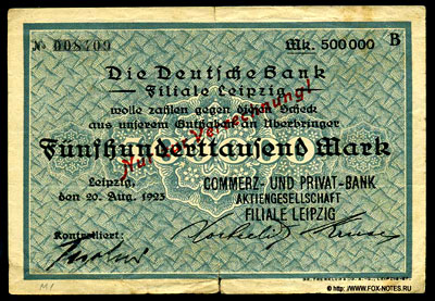 Die Deutsche Bank, Filiale Leipzig 500000 mark 1923
