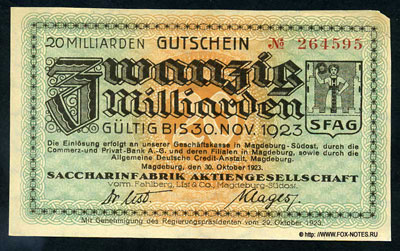 Saccharinfabrik Aktiengesellschaft utschein 20 milliarden Mark 1923