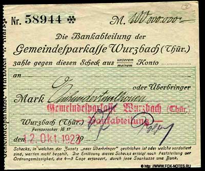 Gemeindesparkasse Wurzbach 100.000.000 Mark 1923