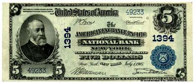 The Americanexchange-Pacific National Bank New York 5 dollars series 1902