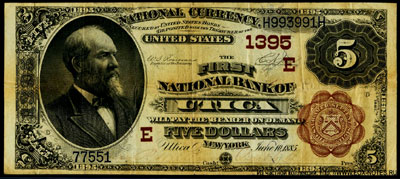 The First National Bank Utica  5 dollars Series 1882