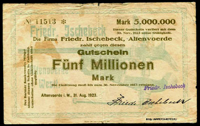 Firma Friedr. Ischebeck, Altenvoerde 5000000 Mark 1923 Notgeld