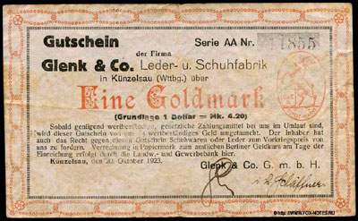 Glenk & Co., Leder- und Schuhfabrik Künzelsau in (Württ.) 1 goldmark 1923