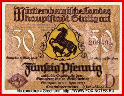 Württembergische Landes Hauptstadt Stuttgart 50 Pfennig 1921 NOTGELD