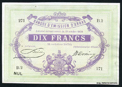 BANQUE D'EMISSION D'ARRAS 10 francs 1870