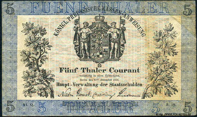 Königreich Preußen Kassenanweisung. 5 Thaler Courant.  15. Dezember 1856.