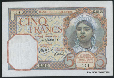 BANQUE DE L'ALGÉRIE 5 francs 1941
