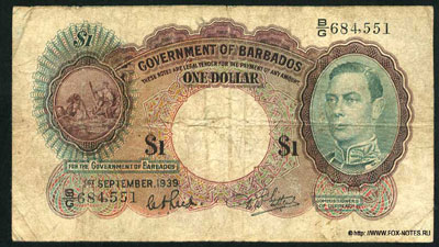 Governement of Barbados  1 dollar 1939